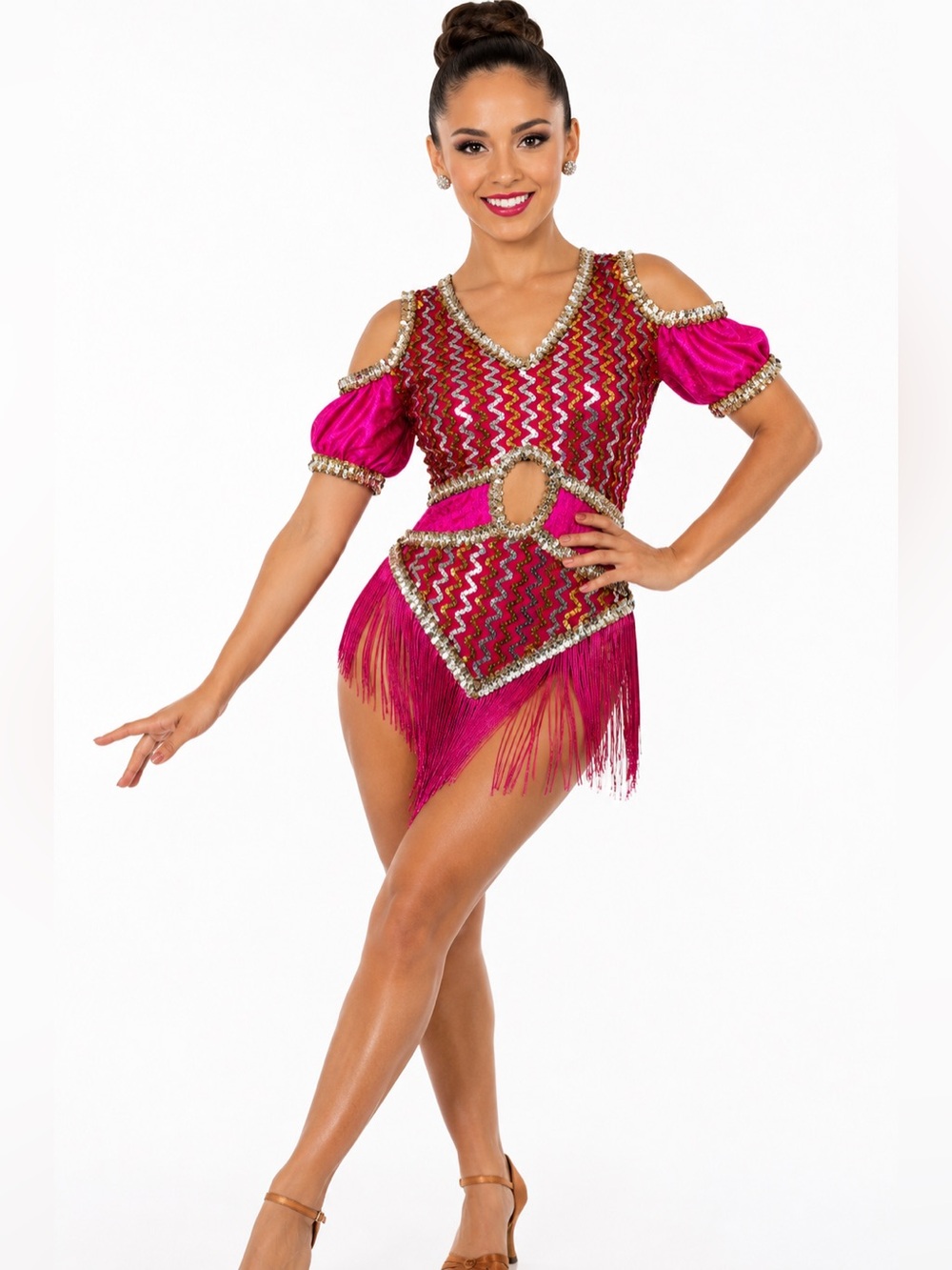 Algy Dance Costume Medium Hot Pink Sequin Fringe Leotard Performance Competition